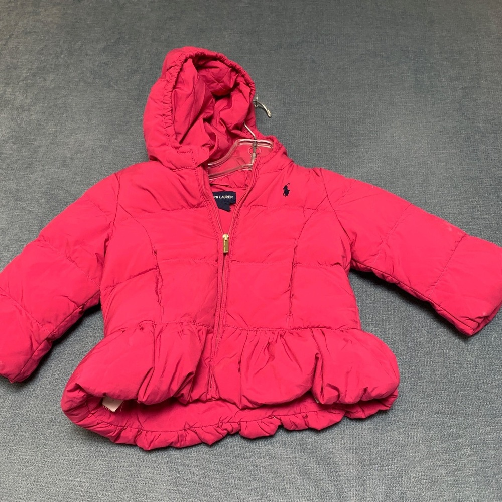 Ralph Lauren Puffer Jacket Girls 18M Pink Ruffle Hem Pony Logo Full Zip Hooded